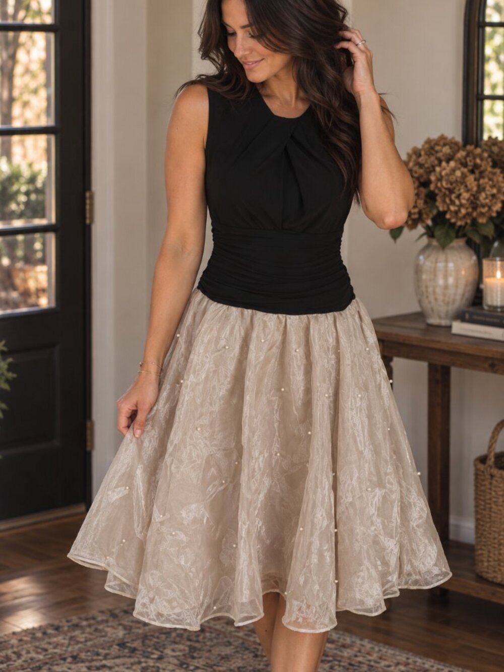 SLNY Party Dress Womens Sz 2 Black Jersey Top w/Pearl Trimmed Organza Skirt